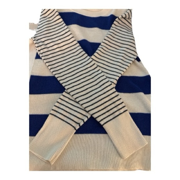 LOFT knit sweater size small. Blue and winter white stripes. Crew neck, - Picture 7 of 9